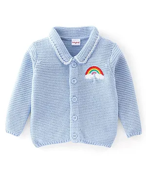 Babyhug Knitted Full Sleeves Sweater With Rainbow Embroidery - Blue