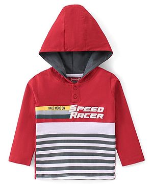 Babyhug 100% Cotton Full Sleeves Striped T-Shirt With Hood & Graphics - Red