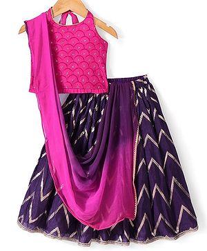 Babyhug Woven Sleeveless Choli & Lehenga Dupatta Gotta Patti & Sequine Detailing - Pink & Purple