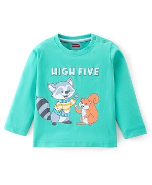Babyhug 100% Cotton Knit Full Sleeves T-Shirt With Racoon Graphics - Green & Blue