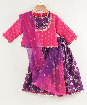 Babyhug Woven Three Fourth Sleeves Choli With Lehenga And Dupatta Brocade Detailing - Purple