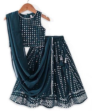 Babyhug Sleeveless Sequin Embroidered Lehenga Choli Duatta Set - Teal