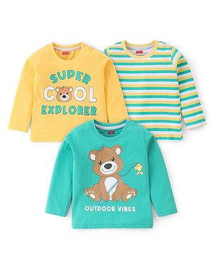 Babyhug 100% Cotton Full Sleeves T-Shirts with Bear Print & Striped Pack of 3 - Blue & Yellow