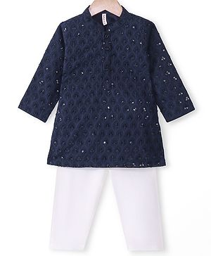 Babyhug Woven Full Sleeves Kurta Pyjama Set With Sequenced Embroidery - Navy Blue
