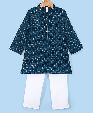 Babyhug Full Sleeves  Sequenced Embroidered Kurta & Pyjama Set  - Teal Blue