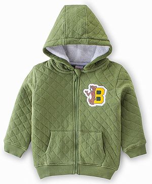 Babyhug 100% Cotton Full Sleeves Hooded Sweatjacket With Quilt Detailing - Green