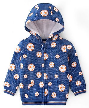 Babyhug 100% Cotton Knit Full Sleeves Sweat Jacket with Hood with Ball Design- Navy Blue