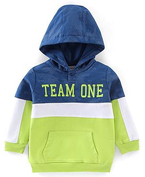 Babyhug Cotton Knit Full Sleeves Text Graphics Hooded Sweatshirt - Navy & Lime Green