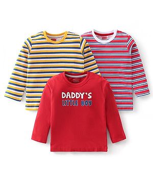 Babyhug Cotton Knit Full Sleeves Striped & Text Graphics T-Shirts Pack of 3 - Multicolour