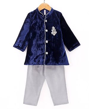 Babyhug Velvet Woven Full Sleeves Embroidered Kurta & Pajama Set - Navy Blue
