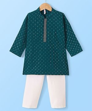 Babyhug Full Sleeves Sequenced Embroidered Kurta & Pyjama Set - Teal Green