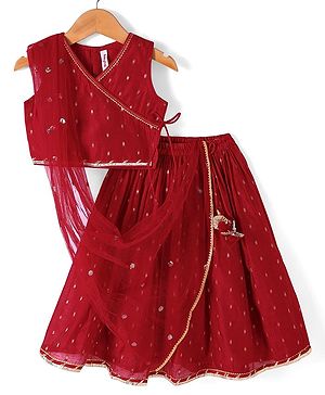 Babyhug Sleveless Chanderi Butti Angarkha Choli with Lehenga and Dupatta - Red
