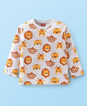 Babyhug Cotton Knit Full Sleeves T-Shirt Animal Print - White Melange