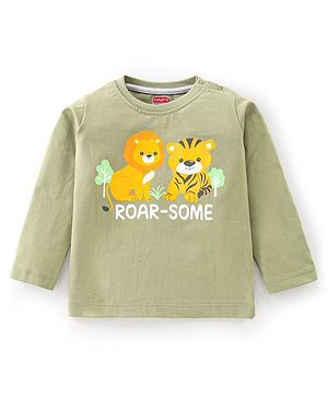 Babyhug 100% Cotton Knit Full Sleeves T-Shirt with Lion Graphics - Olive Green