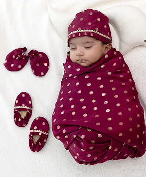 Tiber Taber Unisex Cotton Viscose Motif Detailed & Lace Embellished Coordinating Baby Wrap Set - Purple