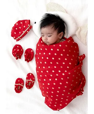 Tiber Taber Unisex Cotton Motif Detailed & Lace Embellished Coordinating Baby Wrap Set - Red
