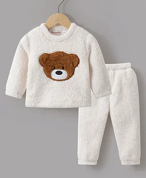 Kookie Kids Full Sleeves Bear Applique Winter Night Suit - White