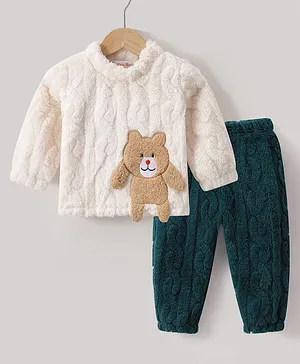 Kookie Kids Full Sleeves Cable Knit & Teddy Applique Winter Night Suit - Cream & Green