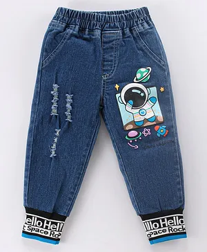 Kookie Kids Denim Full Length Jeans With Astronaut Print- Blue