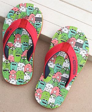 Cute Walk by Babyhug Slip On Flip Flops with Monster Print - Red & Green