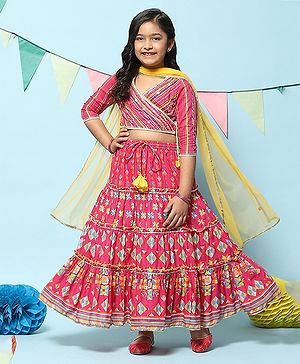 BIBA  Three Fourth Sleeves Gota Patti  Embellished  Flower & Block Printed Tiered Lehenga Set - Pink