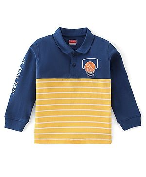 Babyhug 100% Cotton Full Sleeves Stripes T-Shirt with Basketball Print - Blue & Yellow
