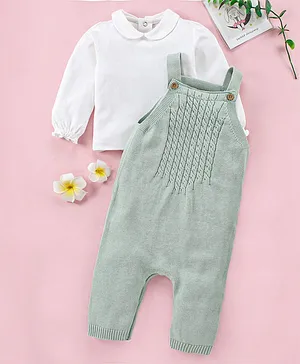 ToffyHouse 100% Cotton Cable Knit Dungaree with Full Sleeves Inner Tee - Green