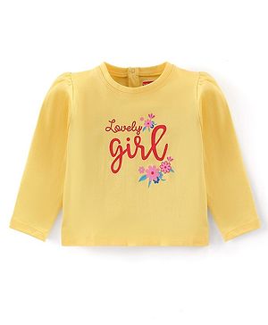 Babyhug Cotton Knit Full Sleeves Text & Floral Graphics T-Shirt - Yellow