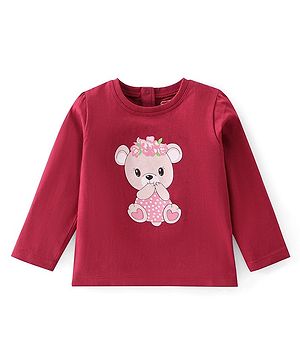 Babyhug Cotton Knit Full Sleeves T-Shirt Teddy Graphic Print - Maroon
