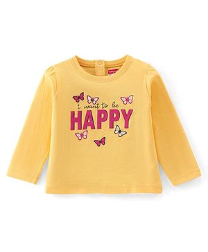 Babyhug 100% Cotton Full Sleeves T-Shirt with Text & Butterfly Graphics - Yellow