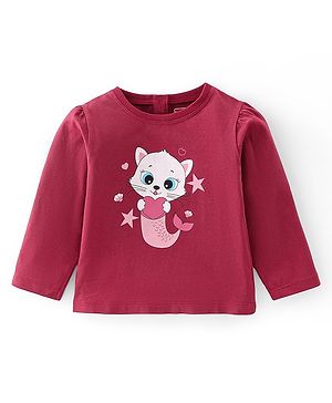 Babyhug Cotton Knit Full Sleeves T-Shirt with Kitty Graphics Print - Maroon