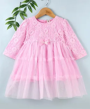 ToffyHouse Full Sleeves Party Frock with Cotton Lining with Bow Applique - Bubblegum Pink