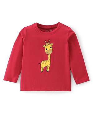 Babyhug Cotton Knit Full Sleeves T-Shirt with Giraffe Graphics Print - Red