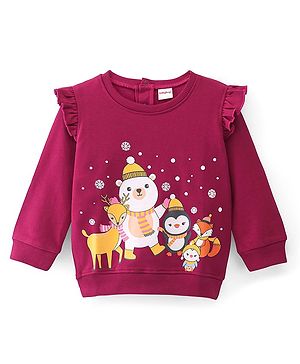 Babyhug 100% Cotton Knit Full Frill Sleeves Sweatshirt with Christmas Themed Graphics - Maroon