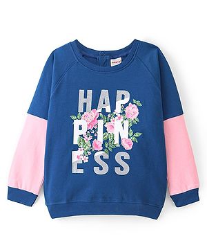 Babyhug Full Sleeves Sweatshirt Text & Floral Graphics with Glitter Detailing - Navy Blue & Pink