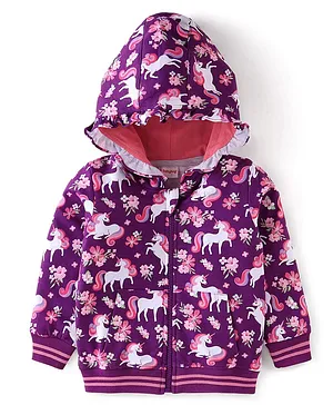 Babyhug 100% Cotton Knit Full Sleeves Hooded Sweatjacket Unicorn Print - Purple