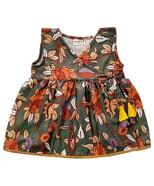 Snowflakes Sleeveless Floral Printed Jabla Style Dress  - Green
