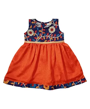 Snowflakes Sleeveless Floral Printed With Laced Embellished Dress  - Orange & Blue