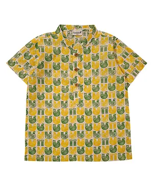 Snowflakes Half Sleeves Birds Printed Kurta Style Shirt - White & Yellow