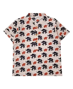 Snowflakes Half Sleeves Seamless Elephants Printed Kurta Style Shirt - White