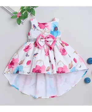 Many frocks & Sleeveless Floral Printed And Shimmer Detailed Bow Applique High Low Party Dress - Pink & White
