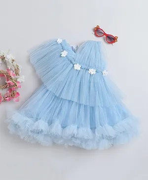Many frocks & One Shoulder Frilled  Flower Applique & Ruffled Detailed Shimmer Party Dress - Blue
