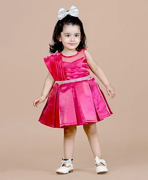 Titrit Sleeveless Pleated Satin Frock With A Sparkle Belt  - Pink