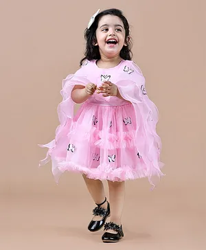 Titrit Cape Sleeves Butterfly Applique Party Dress - Pink
