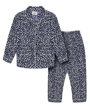 Young Birds 100% Viscose Full Sleeves Floral Printed Pajama Set - Navy Blue