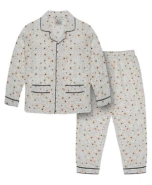 Young Birds 100% Viscose Full Sleeves Floral Printed Pajama Set - Grey Melange & Cream