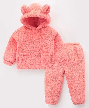 Kookie Kids Full Sleeves Solid Winter Wear Hooded Night Suit - Pink