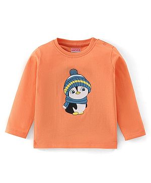 Babyhug Cotton Knit Full Sleeves Penguin Print T-Shirt - Orange