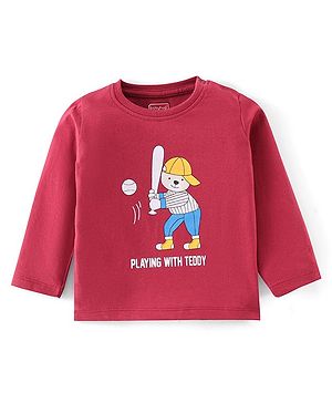 Babyhug Cotton Knit Full Sleeves Puppy Print T-Shirt - Maroon