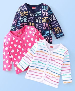 Babyhug 100% Cotton Knit Full Sleeves Heart Print Front Open Vest Pack of 3 - Multicolour
